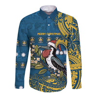 Nauru Christmas Long Sleeve Button Shirt Frigatebird Bird Santa Tribal Waves - Polynesian Pride