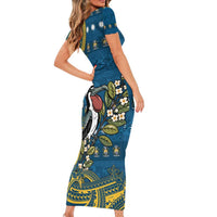 Nauru Christmas Short Sleeve Bodycon Dress Frigatebird Bird Santa Tribal Waves - Polynesian Pride