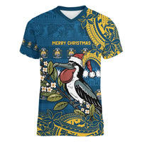Nauru Christmas Women V-Neck T-Shirt Frigatebird Bird Santa Tribal Waves DT05 Female Deep Blue - Polynesian Pride
