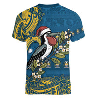 Nauru Christmas Women V-Neck T-Shirt Frigatebird Bird Santa Tribal Waves DT05 - Polynesian Pride
