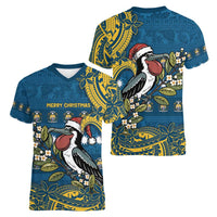 Nauru Christmas Women V-Neck T-Shirt Frigatebird Bird Santa Tribal Waves DT05 - Polynesian Pride