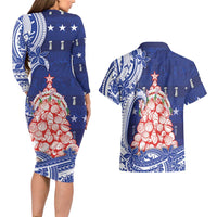 Northern Mariana Islands Christmas Couples Matching Long Sleeve Bodycon Dress and Hawaiian Shirt Seashell Xmas Tree Tribal Waves - Polynesian Pride