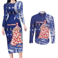 Northern Mariana Islands Christmas Couples Matching Long Sleeve Bodycon Dress and Long Sleeve Button Shirt Seashell Xmas Tree Tribal Waves - Polynesian Pride