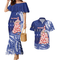 Northern Mariana Islands Christmas Couples Matching Mermaid Dress and Hawaiian Shirt Seashell Xmas Tree Tribal Waves DT05 Navy - Polynesian Pride