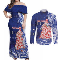 Northern Mariana Islands Christmas Couples Matching Off Shoulder Maxi Dress and Long Sleeve Button Shirt Seashell Xmas Tree Tribal Waves - Polynesian Pride