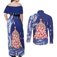 Northern Mariana Islands Christmas Couples Matching Off Shoulder Maxi Dress and Long Sleeve Button Shirt Seashell Xmas Tree Tribal Waves - Polynesian Pride