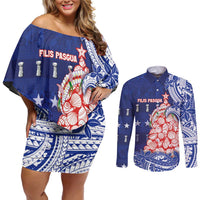 Northern Mariana Islands Christmas Couples Matching Off Shoulder Short Dress and Long Sleeve Button Shirt Seashell Xmas Tree Tribal Waves - Polynesian Pride