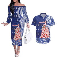 Northern Mariana Islands Christmas Couples Matching Off The Shoulder Long Sleeve Dress and Hawaiian Shirt Seashell Xmas Tree Tribal Waves - Polynesian Pride