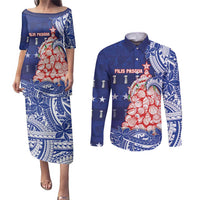 Northern Mariana Islands Christmas Couples Matching Puletasi and Long Sleeve Button Shirt Seashell Xmas Tree Tribal Waves DT05 Navy - Polynesian Pride