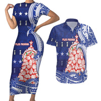 Northern Mariana Islands Christmas Couples Matching Short Sleeve Bodycon Dress and Hawaiian Shirt Seashell Xmas Tree Tribal Waves DT05 Navy - Polynesian Pride