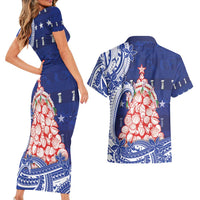 Northern Mariana Islands Christmas Couples Matching Short Sleeve Bodycon Dress and Hawaiian Shirt Seashell Xmas Tree Tribal Waves DT05 - Polynesian Pride