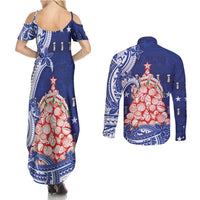 Northern Mariana Islands Christmas Couples Matching Summer Maxi Dress and Long Sleeve Button Shirt Seashell Xmas Tree Tribal Waves DT05 - Polynesian Pride