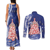 Northern Mariana Islands Christmas Couples Matching Tank Maxi Dress and Long Sleeve Button Shirt Seashell Xmas Tree Tribal Waves - Polynesian Pride