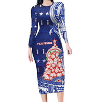 Northern Mariana Islands Christmas Family Matching Long Sleeve Bodycon Dress and Hawaiian Shirt Seashell Xmas Tree Tribal Waves - Polynesian Pride