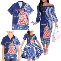 Northern Mariana Islands Christmas Family Matching Off The Shoulder Long Sleeve Dress and Hawaiian Shirt Seashell Xmas Tree Tribal Waves - Polynesian Pride