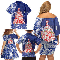 Northern Mariana Islands Christmas Family Matching Off Shoulder Short Dress and Hawaiian Shirt Seashell Xmas Tree Tribal Waves - Polynesian Pride