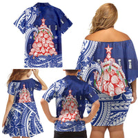 Northern Mariana Islands Christmas Family Matching Off Shoulder Short Dress and Hawaiian Shirt Seashell Xmas Tree Tribal Waves - Polynesian Pride