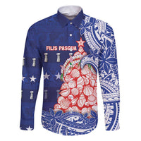 Northern Mariana Islands Christmas Family Matching Puletasi and Hawaiian Shirt Seashell Xmas Tree Tribal Waves DT05 Dad's Shirt - Long Sleeve Navy - Polynesian Pride