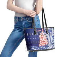 Northern Mariana Islands Christmas Leather Tote Bag Seashell Xmas Tree Tribal Waves - Polynesian Pride