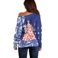 Northern Mariana Islands Christmas Off Shoulder Sweater Seashell Xmas Tree Tribal Waves - Polynesian Pride