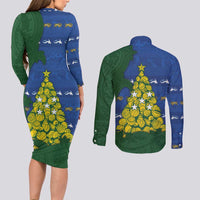 Solomon Islands Christmas Couples Matching Long Sleeve Bodycon Dress and Long Sleeve Button Shirt Seashell Xmas Tree Tribal Waves - Polynesian Pride