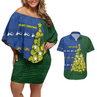 Solomon Islands Christmas Couples Matching Off Shoulder Short Dress and Hawaiian Shirt Seashell Xmas Tree Tribal Waves DT05 Navy - Polynesian Pride
