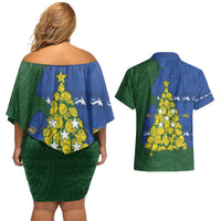 Solomon Islands Christmas Couples Matching Off Shoulder Short Dress and Hawaiian Shirt Seashell Xmas Tree Tribal Waves DT05 - Polynesian Pride