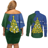 Solomon Islands Christmas Couples Matching Off Shoulder Short Dress and Long Sleeve Button Shirt Seashell Xmas Tree Tribal Waves - Polynesian Pride