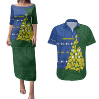 Solomon Islands Christmas Couples Matching Puletasi and Hawaiian Shirt Seashell Xmas Tree Tribal Waves DT05 Navy - Polynesian Pride