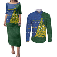 Solomon Islands Christmas Couples Matching Puletasi and Long Sleeve Button Shirt Seashell Xmas Tree Tribal Waves DT05 Navy - Polynesian Pride