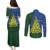 Solomon Islands Christmas Couples Matching Puletasi and Long Sleeve Button Shirt Seashell Xmas Tree Tribal Waves DT05 - Polynesian Pride