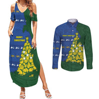 Solomon Islands Christmas Couples Matching Summer Maxi Dress and Long Sleeve Button Shirt Seashell Xmas Tree Tribal Waves DT05 Navy - Polynesian Pride