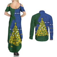 Solomon Islands Christmas Couples Matching Summer Maxi Dress and Long Sleeve Button Shirt Seashell Xmas Tree Tribal Waves DT05 - Polynesian Pride