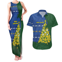 Solomon Islands Christmas Couples Matching Tank Maxi Dress and Hawaiian Shirt Seashell Xmas Tree Tribal Waves DT05 Navy - Polynesian Pride