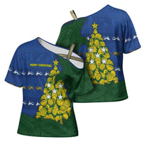 Solomon Islands Christmas Cross Shoulder Shirt Seashell Xmas Tree Tribal Waves DT05 - Polynesian Pride