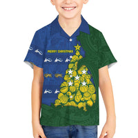 Solomon Islands Christmas Family Matching Off Shoulder Maxi Dress and Hawaiian Shirt Seashell Xmas Tree Tribal Waves - Polynesian Pride