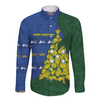 Solomon Islands Christmas Long Sleeve Button Shirt Seashell Xmas Tree Tribal Waves - Polynesian Pride