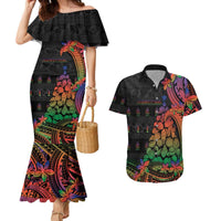 New Caledonia Christmas Couples Matching Mermaid Dress and Hawaiian Shirt Seashell Xmas Tree Tribal Waves - Polynesian Pride