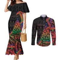 New Caledonia Christmas Couples Matching Mermaid Dress and Long Sleeve Button Shirt Seashell Xmas Tree Tribal Waves DT05 Black - Polynesian Pride