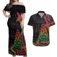 New Caledonia Christmas Couples Matching Off Shoulder Maxi Dress and Hawaiian Shirt Seashell Xmas Tree Tribal Waves DT05 Black - Polynesian Pride