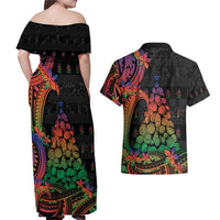 New Caledonia Christmas Couples Matching Off Shoulder Maxi Dress and Hawaiian Shirt Seashell Xmas Tree Tribal Waves DT05 - Polynesian Pride
