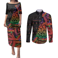 New Caledonia Christmas Couples Matching Puletasi and Long Sleeve Button Shirt Seashell Xmas Tree Tribal Waves DT05 Black - Polynesian Pride