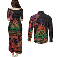 New Caledonia Christmas Couples Matching Puletasi and Long Sleeve Button Shirt Seashell Xmas Tree Tribal Waves DT05 - Polynesian Pride