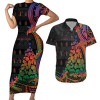 New Caledonia Christmas Couples Matching Short Sleeve Bodycon Dress and Hawaiian Shirt Seashell Xmas Tree Tribal Waves - Polynesian Pride