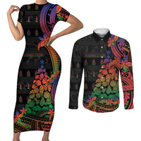 New Caledonia Christmas Couples Matching Short Sleeve Bodycon Dress and Long Sleeve Button Shirt Seashell Xmas Tree Tribal Waves DT05 Black - Polynesian Pride