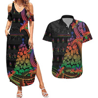 New Caledonia Christmas Couples Matching Summer Maxi Dress and Hawaiian Shirt Seashell Xmas Tree Tribal Waves DT05 Black - Polynesian Pride