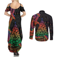 New Caledonia Christmas Couples Matching Summer Maxi Dress and Long Sleeve Button Shirt Seashell Xmas Tree Tribal Waves DT05 - Polynesian Pride