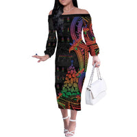 New Caledonia Christmas Family Matching Off The Shoulder Long Sleeve Dress and Hawaiian Shirt Seashell Xmas Tree Tribal Waves - Polynesian Pride