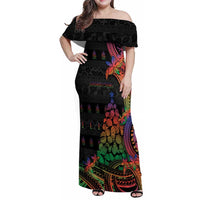New Caledonia Christmas Family Matching Off Shoulder Maxi Dress and Hawaiian Shirt Seashell Xmas Tree Tribal Waves - Polynesian Pride