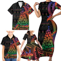 New Caledonia Christmas Family Matching Short Sleeve Bodycon Dress and Hawaiian Shirt Seashell Xmas Tree Tribal Waves - Polynesian Pride
